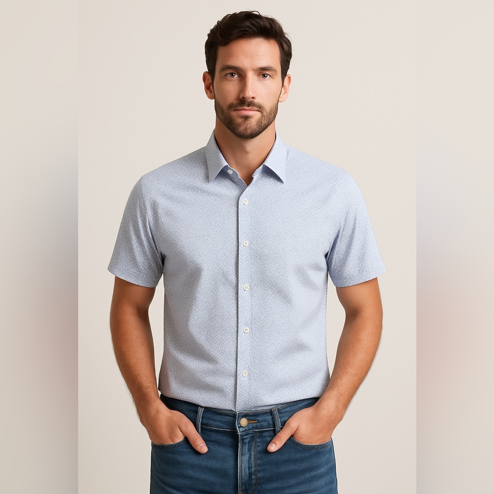 Hart Schaffner Marx Light Blue & White Geometric Short Sleeve Shirt - Size XL